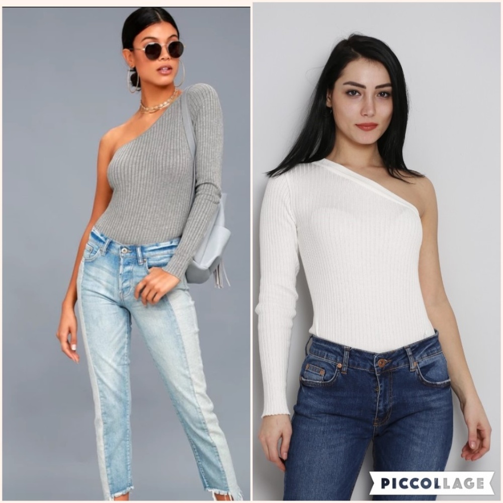 White One Shoulder ribbed knit top -RP